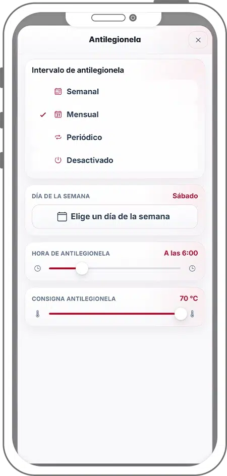 Configuración del tratamiento antilegionela en EFI SmartApp: intervalo, horario y temperatura de consigna a 70°C para prevención de legionela en ACS
