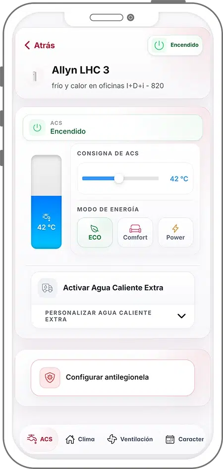 Vista avanzada de ACS en EFI SmartApp con consigna de temperatura ajustable a 42°C, selección de modo de energía y configuración de antilegionela