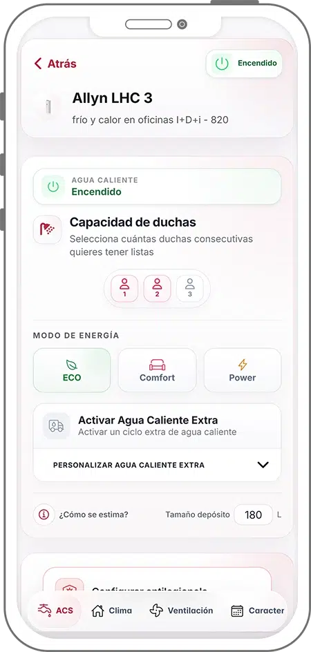 Control de agua caliente sanitaria en EFI SmartApp: capacidad de duchas, modos de energía ECO Comfort Power y activación de ciclo extra de ACS