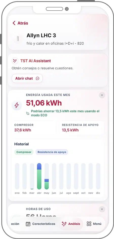 Análisis energético en EFI SmartApp: consumo mensual de 51 kWh con gráficas históricas de compresor y resistencia de apoyo, y asistente TST AI