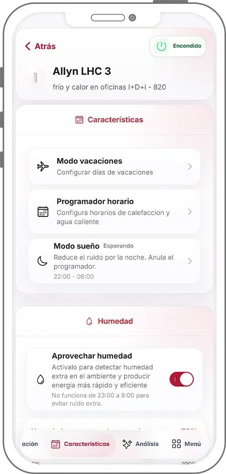 Pantalla de características de EFI SmartApp: modo vacaciones, programador horario, modo sueño y aprovechamiento de humedad para climatización inteligente