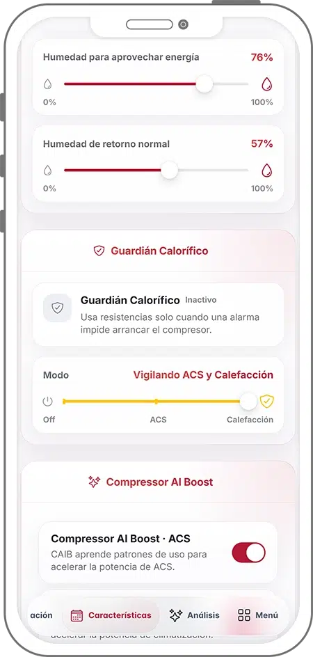Funciones avanzadas de EFI SmartApp: Guardán Calorífico, aprovechamiento de humedad y Compressor AI Boost para optimizar el consumo energético