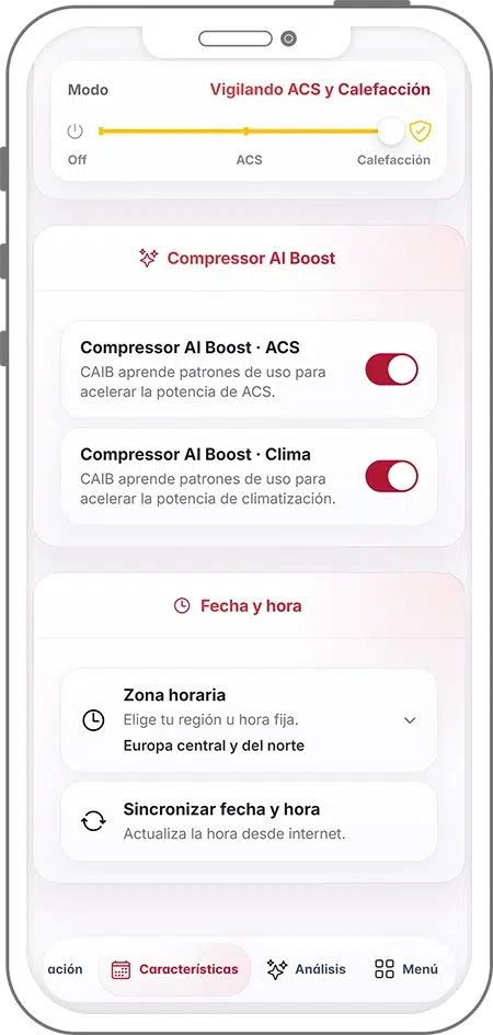 Configuración de Compressor AI Boost para ACS y clima en EFI SmartApp con ajuste de zona horaria y sincronización de fecha y hora