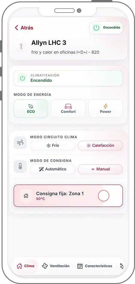 Vista avanzada de clima en EFI SmartApp con configuración de consigna fija por zona y selección de modo de energía del equipo de climatización