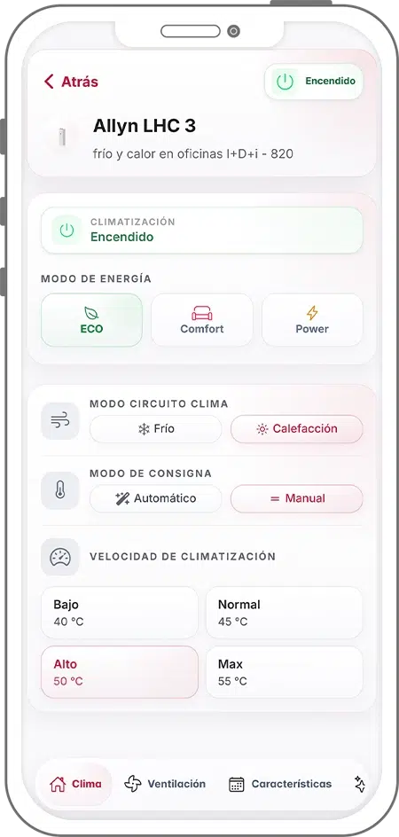 Control de climatización en EFI SmartApp: selección de modo de energía ECO Comfort o Power y configuración de temperatura del circuito de clima