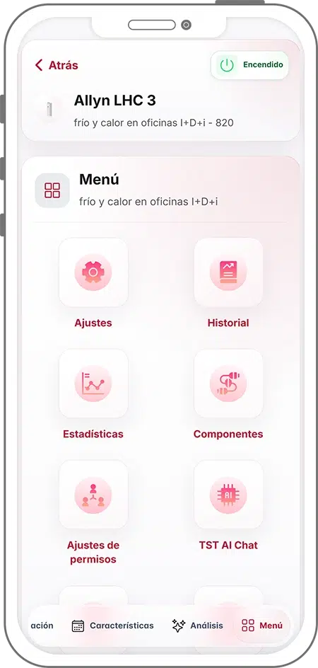 Menú principal de EFI SmartApp con accesos directos a ajustes, historial, estadísticas, componentes, permisos y asistente TST AI Chat