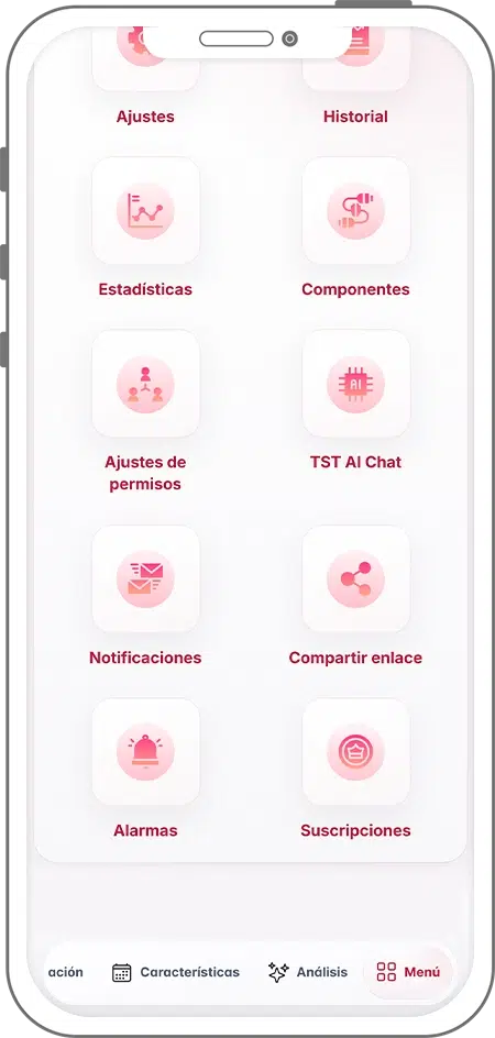 Menú completo de EFI SmartApp con opciones de notificaciones, alarmas, compartir enlace, suscripciones y asistente TST AI Chat