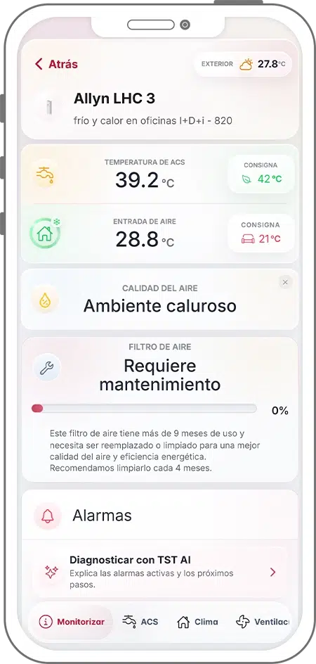 Pantalla de monitorización EFI SmartApp con temperatura ACS, calidad del aire y estado del filtro del equipo Allyn LHC 3