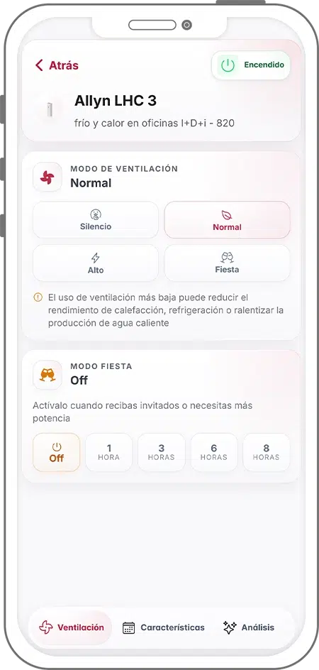 Control de ventilación en EFI SmartApp con modos silencio, normal, alto y fiesta para equipos de climatización Efitherma